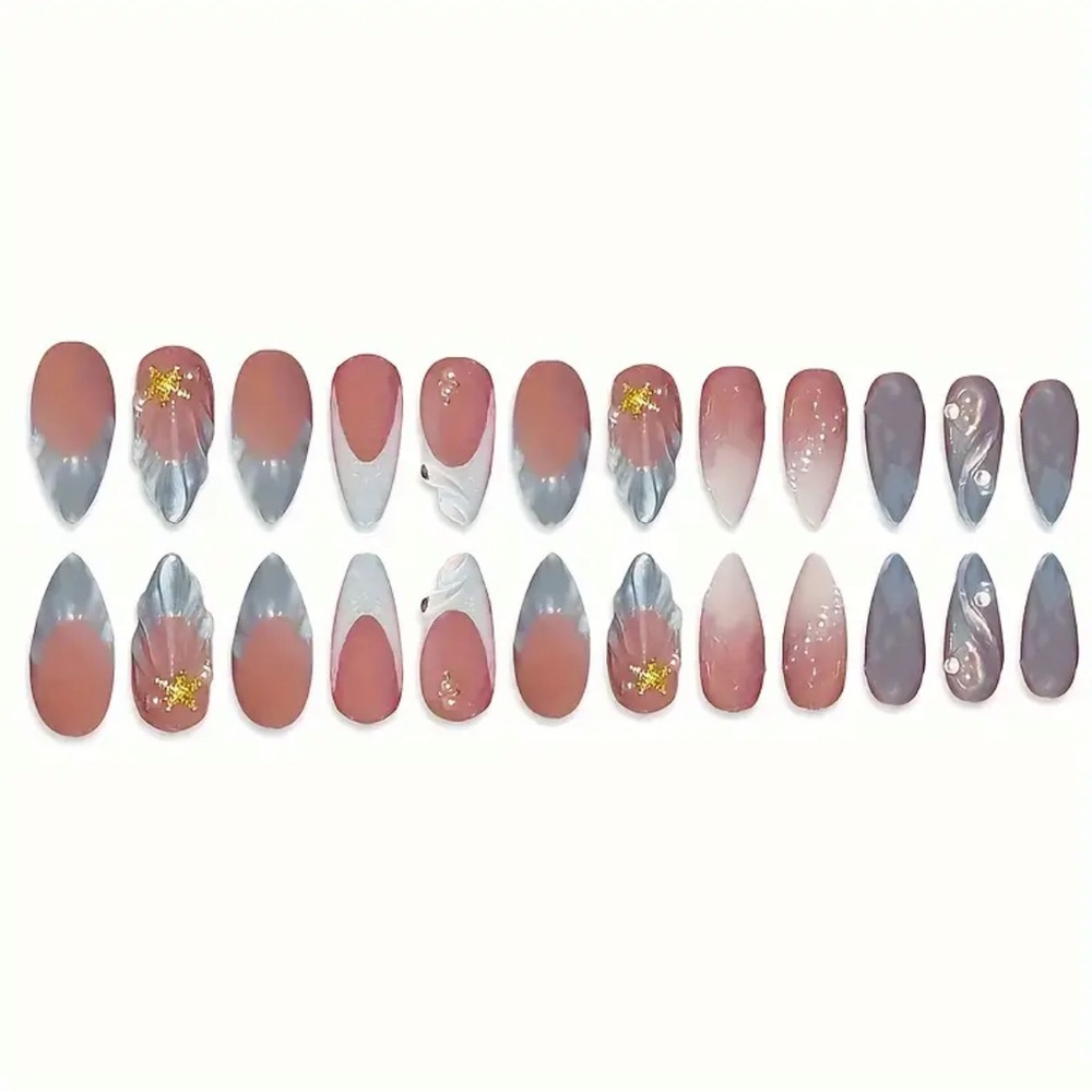 NWT Elegant Pink & Blue 3-D Press On Nail Art French Tip 24 pcs medium ocean - Picture 2 of 8